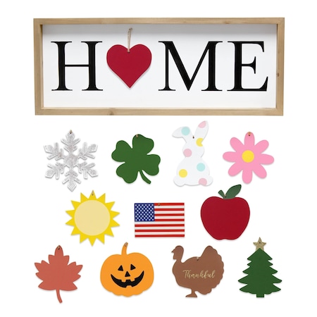 Elegant Designs Rustic Farmhouse Wooden Seasonal Interchangeable Symbol "Home" Frame with 12 Ornaments, Natural HG3201-RBK